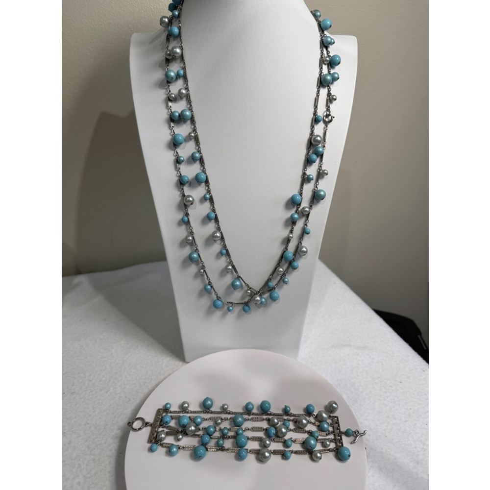 Unbranded antique 6” Necklace & 7” Bracelet Set Blue Silver beads silver links